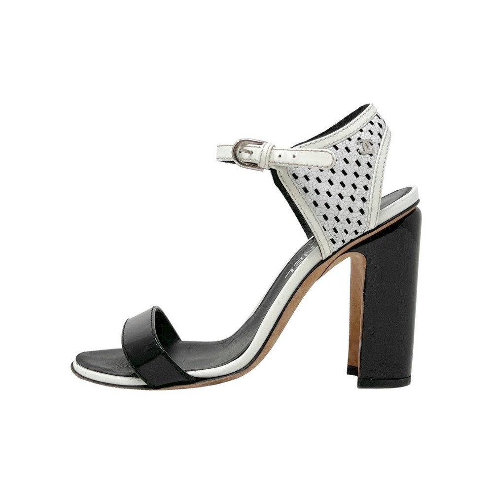 Chanel Bicolor Patent Leather‎ Perforated Block Heel Sandals Black White G30025